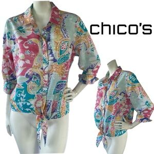 CHICO’S No-Iron Colorful Paisley Crop Button Shirt Front Tie 3/4 Sleeves Medium